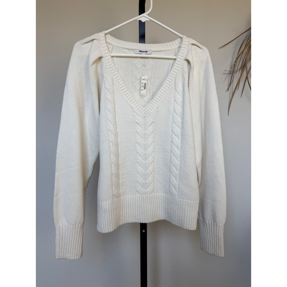 Madewell Women Cream Merino Wool Cable Knit V-Neck Puff Shoulder Sweater NY444 S